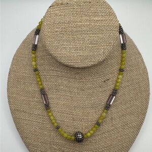 Chartreuse Yellow and Silver Agate Ball Beaded Necklace Gemstone Artisan 16 inch